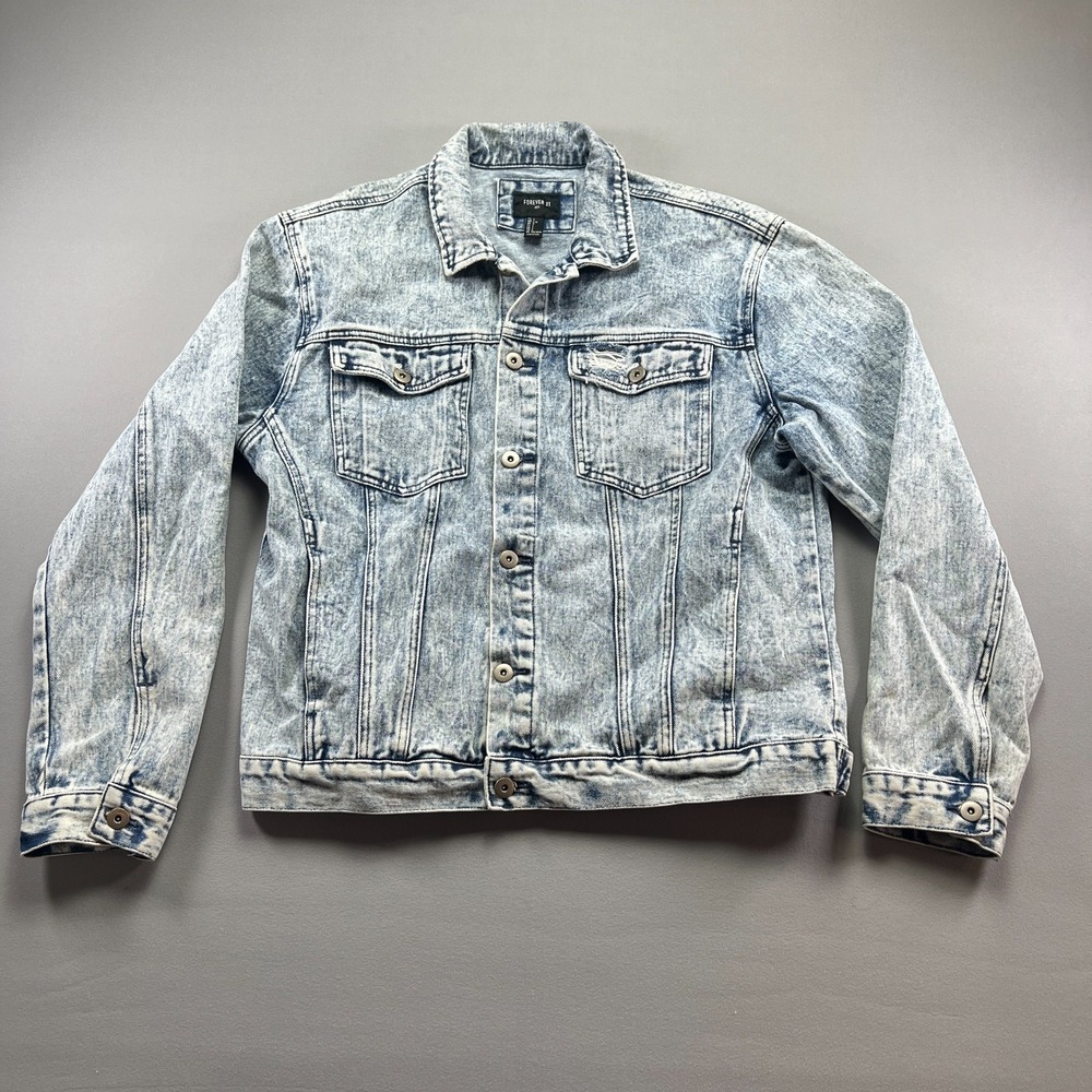 Forever 21 Trucker Jacket Mens Large Blue Denim Cotton Long Sleeve Button Up